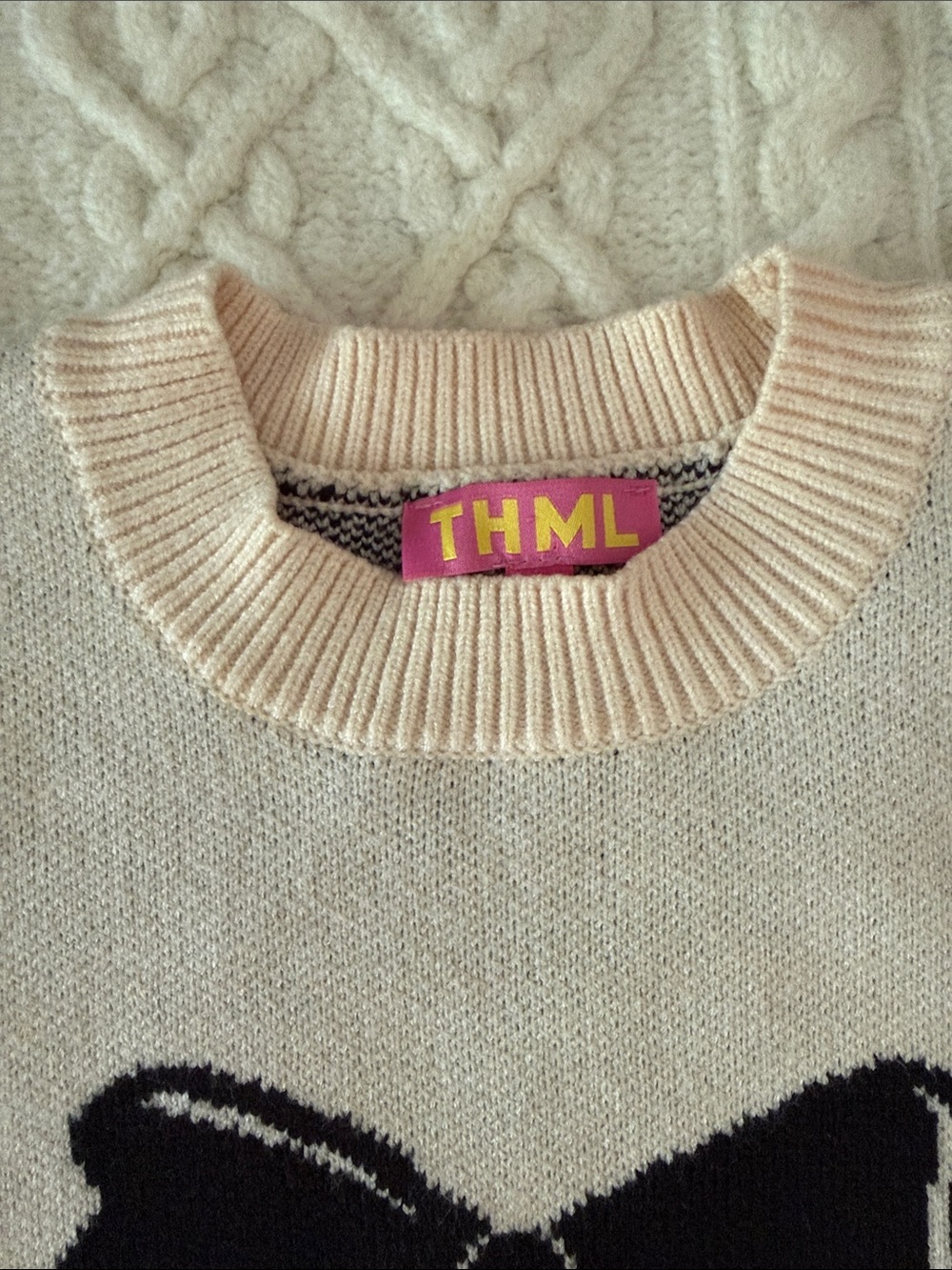 THML Cream Crewneck Sweater with Black Bow Details and Pink Trim - Picture 5 of 8